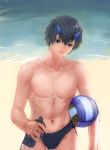  1boy ball bangs black_hair blue_eyes blue_horns bottle collarbone commentary darling_in_the_franxx highres hiro_(darling_in_the_franxx) holding holding_ball holding_bottle horns looking_at_viewer male_focus male_swimwear navel ocean oni_horns sand shirtless short_hair solo swim_briefs swimwear water wiidstep 