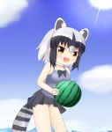  1girl :d adapted_costume animal_ears bare_arms bare_shoulders black_bow black_hair blue_sky blush bow breasts brown_eyes casual_one-piece_swimsuit clouds common_raccoon_(kemono_friends) cowboy_shot day extra_ears eyebrows_visible_through_hair fang food fruit grey_hair highres holding holding_fruit kemono_friends looking_at_viewer multicolored_hair ocean one-piece_swimsuit open_mouth outdoors purple_swimsuit raccoon_ears raccoon_girl raccoon_tail shin01571 sky small_breasts smile solo standing sun sunlight swimsuit tail two-tone_hair watermelon 