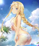  1girl alice_schuberg ass bikini bird blonde_hair blue_eyes blue_sky bow bowtie braid breasts clouds cloudy_sky commentary_request day hairband hand_on_own_chest highres long_hair looking_at_viewer looking_back medium_breasts outdoors palm_tree parted_lips partially_submerged seagull shiny shiny_hair shiny_skin sidelocks sky solo sunlight swimsuit sword_art_online taro_(ultrataro) tree wading water water_drop white_bikini 