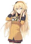  1girl bangs bike_shorts black_gloves blonde_hair blush breasts closed_mouth eyebrows_visible_through_hair girls_frontline gloves green_eyes hair_between_eyes hairband hands_on_own_head italian_flag_neckwear long_hair looking_at_viewer messy_hair mudiv neckerchief orange_hairband pleated_skirt s.a.t.8_(girls_frontline) sidelocks simple_background skirt smile solo very_long_hair white_background 
