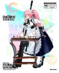  1girl alternate_costume anti-materiel_rifle apron bangs belt black_footwear black_ribbon breasts buckle cake character_name copyright_name cup dress drinking eyebrows_visible_through_hair food frills girls_frontline gun hand_on_hip holding holding_cup juliet_sleeves leg_up logo long_hair long_sleeves looking_at_cup maid maid_headdress mary_janes multiple_belts neck_ribbon ntw-20 ntw-20_(girls_frontline) official_art pantyhose pink_eyes pink_hair pinky_out puffy_sleeves ran_(pixiv2957827) ribbon rifle saucer scope shoes sidelocks skirt sniper_rifle solo table tassel teacup teapot very_long_hair weapon white_legwear white_ribbon 