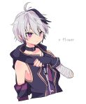  1girl ahoge black_gloves character_name closed_mouth collar cropped_bust fingerless_gloves flower flower_(vocaloid4) gloves highres looking_at_viewer multicolored_hair pink_eyes short_hair solo streaked_hair vest vocaloid 