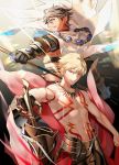  2boys armor black_gloves black_hair blonde_hair cape chest_tattoo ea_(fate/stay_night) earrings fate/grand_order fate_(series) gilgamesh gloves grin holding holding_staff jewelry looking_at_viewer male_focus multiple_boys necklace ozymandias_(fate) red_eyes shirtless single_glove smile staff takashi_(huzakenna) tattoo upper_body white_cape yellow_eyes 