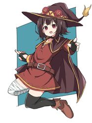  1girl akagi8914 bandage bandaged_leg bandages belt black_gloves black_hair blue_background boots cape dress fingerless_gloves flat_chest full_body gloves hat highres jumping kono_subarashii_sekai_ni_shukufuku_wo! looking_at_viewer megumin open_mouth red_eyes short_dress short_hair simple_background single_thighhigh solo thigh-highs two-tone_background white_background witch_hat zettai_ryouiki 