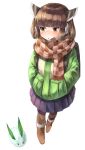  1girl :o absurdres backpack bag bangs blush boots brown_eyes brown_footwear brown_hair brown_legwear checkered checkered_scarf coat earmuffs eyebrows_visible_through_hair full_body fur-trimmed_boots fur_trim green_coat hands_in_pockets highres long_sleeves netamaru open_mouth pantyhose pleated_skirt pocket purple_skirt scarf short_hair simple_background skirt snow_bunny solo touhoku_kiritan voiceroid white_background 