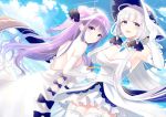  2girls arm_up azur_lane bangs bare_shoulders black_bow black_ribbon blue_eyes blue_sky bow breasts cleavage clouds cloudy_sky commentary_request day dress dutch_angle elbow_gloves eyebrows_visible_through_hair garter_straps gloves hair_bun hair_ribbon hand_on_headwear hat illustrious_(azur_lane) kashiwaba_en large_breasts long_hair multiple_girls object_hug one_side_up outdoors purple_hair ribbon side_bun silver_hair sky small_breasts strapless strapless_dress stuffed_animal stuffed_pegasus stuffed_toy stuffed_unicorn thighs unicorn_(azur_lane) very_long_hair violet_eyes white_bow white_dress white_gloves white_hat white_legwear 