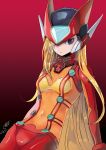  1girl android arm_support blonde_hair bodysuit breasts cosplay covered_navel dated genderswap genderswap_(mtf) gradient gradient_background hair_over_one_eye helmet highres long_hair looking_at_viewer medium_breasts neon_genesis_evangelion pilot_suit plugsuit red_bodysuit rockman rockman_zero signature simple_background solo souryuu_asuka_langley souryuu_asuka_langley_(cosplay) sumomo test_plugsuit translucent_hair very_long_hair violet_eyes zero_(rockman) 