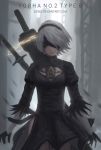  1girl arms_at_sides artist_name black_blindfold black_dress black_gloves black_hairband blindfold breasts cleavage cleavage_cutout closed_mouth commentary covered_eyes deviantart_username dress facing_viewer feather-trimmed_sleeves gloves grey_hair hairband highres juliet_sleeves lips long_sleeves medium_breasts nier_(series) nier_automata puffy_sleeves short_hair solo sword turtleneck_dress vambraces watermark weapon web_address yorha_no._2_type_b zienu 