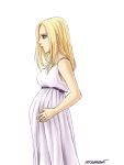  1girl artist_name bare_arms bare_shoulders blonde_hair blue_eyes christa_renz commentary dress hand_on_own_stomach highres maternity_dress mightysquareroot pregnant profile shingeki_no_kyojin simple_background sleeveless sleeveless_dress solo spoilers white_background white_dress 