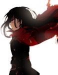  1girl black_hair black_jacket cape closed_mouth commentary_request expressionless fate_(series) floating_hair from_side hiiragi_fuyuki jacket koha-ace long_hair long_sleeves oda_nobunaga_(fate) profile red_cape red_eyes simple_background solo standing white_background 