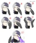  1boy adjusting_eyewear black_gloves black_hair closed_mouth fate/grand_order fate_(series) glasses gloves heart male_focus multicolored_hair opaque_glasses pvc_parfait sigurd_(fate/grand_order) spoken_heart sweat sweating_profusely trembling twitter_username two-tone_hair white_hair 