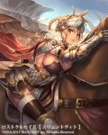  1girl armor blonde_hair blue_eyes blue_sky blush breasts cape cleavage cliff closed_mouth commentary_request copyright cuboon elbow_sleeve forehead_protector frills fur_trim gauntlets helmet horn_(instrument) horse horseback_riding large_breasts leg_armor long_hair looking_at_viewer lost_crusade midriff official_art parted_lips pelvic_curtain red_cape riding sideboob sky strap thigh-highs thighs visor 