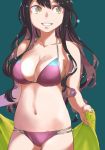  1girl adapted_costume bikini black_hair breasts cleavage collarbone cowboy_shot green_towel grin kantai_collection large_breasts long_hair looking_to_the_side lowleg lowleg_bikini multicolored_hair naganami_(kantai_collection) navel pink_hair purple_bikini smile solo swimsuit teal_background two-tone_hair uyama_hajime wavy_hair 