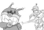  2boys anpanman baikinman baseball_cap boots chasing clenched_teeth combat_knife constricted_pupils crossover fleeing greyscale hair_over_one_eye hat hataraku_saibou knife male_focus monochrome multiple_boys running shaded_face simple_background teeth trait_connection u-1146 weapon white_background white_blood_cell_(hataraku_saibou) 