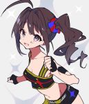  1girl :d ahoge belt black_gloves breasts brown_hair character_request cleavage crop_top eyebrows_visible_through_hair fingerless_gloves gloves grey_background grey_eyes hair_intakes hair_ornament hair_scrunchie hand_up highres idolmaster idolmaster_cinderella_girls looking_at_viewer medium_breasts midriff miniskirt mochizuki_kei navel one_side_up open_mouth scrunchie skirt smile solo sparkle standing 