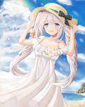  1girl :d beach black_bow blue blue_eyes blue_sky blush bow breasts cleavage clouds collarbone day dress eyebrows_visible_through_hair eyes fate/grand_order fate_(series) floating_hair flower hat hat_bow long_dress long_hair marie_antoinette_(fate/grand_order) marie_antoinette_(swimsuit_caster)_(fate) medium_breasts open_mouth outdoors shiny shiny_hair silver_hair sky sleeveless sleeveless_dress smile solo sparkle starfish_hair_ornament sun_hat sundress very_long_hair white_dress white_flower yellow_hat 