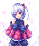  1girl :d alternate_costume alternate_hair_length alternate_hairstyle blue_eyes blush bow breasts commentary_request head_tilt large_breasts looking_at_viewer open_mouth shinki short_hair side_ponytail silver_hair smile solo touhou touhou_(pc-98) yanagi_no_ki 