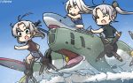  3girls :d ^_^ ^o^ ahoge akitsushima_(kantai_collection) alternate_costume antenna_hair closed_eyes closed_eyes dated green_eyes grey_hair hamu_koutarou highres kantai_collection kikuzuki_(kantai_collection) kinugasa_(kantai_collection) long_hair multiple_girls nishikitaitei-chan one_side_up open_mouth orange_eyes purple_hair sharp_teeth short_sleeves side_ponytail smile teeth v-shaped_eyebrows white_hair 