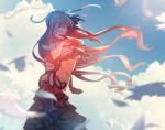  1girl bare_shoulders bird blurry blurry_background blush clouds day dress flower hand_up highres long_hair looking_at_viewer milotic moe_(hamhamham) outdoors personification pokemon red_eyes redhead smile solo standing white_feathers 