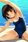  1girl armpits bangs bare_arms bare_shoulders black_eyes blue_swimsuit blush breasts brown_hair closed_mouth commentary_request eyebrows_visible_through_hair highres leaning_to_the_side looking_at_viewer matsunaga_kouyou medium_breasts mole_on_thigh new_school_swimsuit nose_blush one-piece_swimsuit original pool poolside school_swimsuit sitting solo spread_legs stretch swimsuit water 