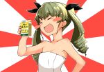  &gt;_&lt; 1girl :d absurdres anchovy bangs barashiya black_ribbon blush_stickers commentary drill_hair eyebrows_visible_through_hair girls_und_panzer green_hair hair_ribbon highres holding juice_box long_hair naked_towel open_mouth ribbon rising_sun smile solo sunburst towel twin_drills twintails 