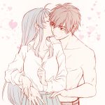  1boy 1girl ahoge belt blue_hair blush breasts brown_hair cheek_kiss chidori_kaname cleavage closed_eyes collared_shirt couple facial_scar full_metal_panic! heart heart_background hetero kiss long_hair long_sleeves looking_at_another medium_breasts pants pink_background sagara_sousuke scar scar_on_cheek shiki_(the-sleeping-snow-white) shirt shirtless short_hair skirt spiky_hair upper_body 