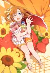  1girl ;d bangs blue_eyes bow capelet earrings eyebrows_visible_through_hair flower food fruit full_body gift hair_bow high_heels highres holding holding_gift jewelry knees_together_feet_apart kousaka_honoka looking_at_viewer looking_up love_live! love_live!_school_idol_project oda_(101511a) one_eye_closed one_side_up open_mouth orange_footwear orange_hair orange_skirt pleated_skirt polka_dot red_capelet sandals shoes sitting skirt smile solo strawberry sunflower waving wind yellow_footwear 