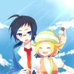  1boy 1girl ahoge bel_(pokemon) black_hair blazer blonde_hair blue_eyes blue_jacket breasts cheren_(pokemon) commentary_request glasses green_hat hat jacket pokemon pokemon_(game) pokemon_bw short_hair spica-y0u0g summer 