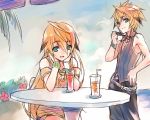  2boys aqua_eyes bare_shoulders chung_seiker cup deadly_chaser_(elsword) drinking_glass elsword iron_paladin_(elsword) jewelry long_hair multiple_boys necklace short_hair sketch smile sunglasses table trap wanko_(takohati8) 