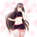  1girl :o absurdres black_hair blush breasts commentary_request fate/grand_order fate_(series) hachimaki hair_ribbon headband highres impossible_clothes impossible_shirt large_breasts long_hair mattyakinako_(odango_imomushi) midriff osakabe-hime_(fate/grand_order) red_eyes ribbon shirt shorts solo 