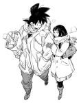  1boy 1girl ^_^ amepati bag black_eyes black_hair breath chi-chi_(dragon_ball) closed_eyes closed_eyes couple dragon_ball dragonball_z full_body gloves greyscale happy hetero locked_arms looking_at_another monochrome open_mouth scarf short_hair simple_background smile son_gokuu spiky_hair walking white_background winter winter_clothes 