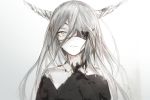  1girl bangs bare_shoulders black_dress commentary_request dress eyebrows_visible_through_hair eyepatch grey_eyes hair_between_eyes hasunokaeru horns long_hair looking_at_viewer off_shoulder original parted_lips silver_hair sketch solo 