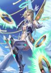  1girl aqua_eyes blonde_hair breasts copyright_name cuboon long_hair medium_breasts navel official_art solo wings z/x 