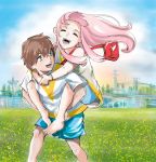  1boy 1girl albyee arm_around_neck bag bangs bare_shoulders barefoot blue_shorts blue_sky bracelet brown_hair clouds cloudy_sky commentary couple darling_in_the_franxx day english_commentary floating_hair flower green_eyes handbag happy hetero highres hiro_(darling_in_the_franxx) holding_legs hug hug_from_behind jewelry long_hair looking_at_another looking_back open_mouth pink_hair shirt short_hair short_sleeves shorts sky sleeveless sleeveless_shirt white_shirt younger zero_two_(darling_in_the_franxx) 
