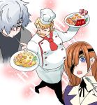  1girl 2boys alternate_costume blonde_hair blue_eyes brown_hair chef_hat eating eyepatch facial_hair fate/grand_order fate_(series) food fork fried_egg goldorf_musik grey_hair hair_over_one_eye hat holding holding_fork holding_plate kadoc_zemlupus long_sleeves mgk968 multiple_boys mustache open_mouth ophelia_phamrsolone plate short_hair tomato 