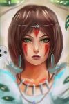  1girl artist_name brown_hair closed_mouth earrings facepaint facial_mark green_eyes headband highres jewelry lips looking_at_viewer mononoke_hime necklace purple_lips san short_hair solo tecnomayro upper_body 
