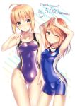  2girls absurdres ahoge arm_over_head artist_name artoria_pendragon_(all) bangs bare_arms bare_shoulders bike_shorts blonde_hair blue_swimsuit blush breasts brown_eyes cleavage commentary_request competition_swimsuit covered_navel cowboy_shot english eyebrows_visible_through_hair fate_(series) followers gluteal_fold green_eyes grin hair_bun highleg highleg_swimsuit highres hits ichiren_namiro idolmaster idolmaster_cinderella_girls long_hair looking_at_viewer medium_breasts multiple_girls one-piece_swimsuit one_eye_closed open_mouth orange_hair purple_swimsuit saber short_hair sidelocks signature small_breasts smile swimsuit thank_you yuuki_haru 