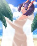  1girl :d beach blue_eyes blue_sky breasts clouds cowboy_shot eyebrows_visible_through_hair fate/grand_order fate_(series) from_behind head_tilt horns jibako looking_at_viewer ocean open_mouth outdoors palm_tree purple_hair see-through_silhouette short_hair shuten_douji_(fate/grand_order) sky small_breasts smile solo standing sunlight tree 