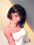  1girl absurdres breasts brown_eyes brown_hair closed_eyes commentary highres lips looking_at_viewer majo medium_breasts original parted_lips shirt short_hair signature solo tank_top upper_body white_shirt 