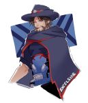  1boy alternate_costume beard belt brown_eyes brown_hair bullet cape cigarette cowboy_hat excelsior_mccree facial_hair hat highres hyoon_(sockgyu) male_focus mccree_(overwatch) overwatch simple_background smoking solo teeth upper_body white_background 