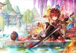  1boy architecture bug butterfly colorful east_asian_architecture elsword elsword_(character) flower food fruit hair_ornament insect pond red_eyes redhead scorpion5050 sitting smile solo sword tree weapon 