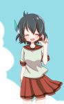  1girl adapted_costume black_hair blush closed_eyes collarbone commentary feathers hand_in_hair highres kaban_(kemono_friends) kemono_friends petit_ramune pleated_skirt sailor_collar short_hair short_sleeves skirt solo 