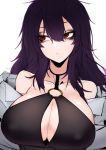  1girl bangs bare_shoulders breasts character_request closed_mouth erect_nipples fate/grand_order fate_(series) grey_jacket hair_between_eyes huge_breasts j.k. jacket long_hair looking_to_the_side o-ring o-ring_top off_shoulder purple_hair red_eyes simple_background solo upper_body white_background 