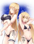  2girls bikini black_bikini blonde_hair blush_stickers breasts doughnut eyebrows_visible_through_hair food frilled_bikini frills front-tie_top kiss-shot_acerola-orion_heart-under-blade large_breasts long_hair looking_at_viewer monogatari_(series) mouth_hold multiple_girls navel noa_(nagareboshi) oshino_shinobu pointy_ears side-tie_bikini small_breasts swimsuit thigh_strap very_long_hair yellow_eyes 