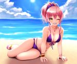  1girl arm_support bangs beach bikini blush bow bracelet breasts cleavage collarbone eyelashes grin hair_between_eyes hair_bow hips idolmaster idolmaster_cinderella_girls jewelry jougasaki_mika long_hair looking_at_viewer lying medium_breasts multi-strapped_bikini necklace ocean on_side ooike_teru pink_hair purple_bikini purple_bow sandals sidelocks smile solo sunlight swimsuit thighs waist yellow_eyes 