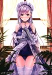  1girl 3: absurdres alternate_costume arm_guards azur_lane backlighting bangs bare_shoulders belfast_(azur_lane) black_dress blue_swimsuit blurry blush braid breasts chains collar collarbone curtains depth_of_field dress dress_lift eyebrows_visible_through_hair french_braid frilled_dress frills gloves gluteal_fold hand_on_own_chest highres indoors kotatsu_(kotatsu358) large_breasts lifted_by_self light_frown long_hair long_sleeves looking_at_viewer maid_headdress nose_blush off_shoulder old_school_swimsuit one-piece_swimsuit scan school_swimsuit shiny shiny_hair silver_hair skindentation solo standing swimsuit swimsuit_under_clothes thigh-highs thigh_gap violet_eyes white_gloves white_legwear window 