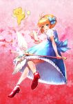  1girl :d antenna_hair bangs blue_bow blue_dress blue_hairband bow card_captor_sakura clear_card creature dress full_body green322 green_eyes hair_bow hair_intakes hairband high_heels highres holding holding_staff kero kinomoto_sakura open_mouth orange_hair puffy_short_sleeves puffy_sleeves red_footwear round_teeth shoes short_hair short_sleeves smile solo sparkle staff star teeth yume_no_tsue 