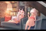  2girls :o armchair ayanami_(azur_lane) azur_lane bangs bare_arms bare_legs bare_shoulders barefoot book bookshelf brick_wall camisole chair commentary_request couch eyebrows_visible_through_hair feet_out_of_frame floor_lamp food food_in_mouth hair_between_eyes hair_ornament hairclip hand_on_own_knee high_ponytail holding holding_food ice_cream ice_cream_cone indoors karinto_yamada kneeling laffey_(azur_lane) lamp long_hair looking_at_another mouth_hold multiple_girls parted_lips pillow pink_camisole pink_shorts ponytail popsicle red_eyes short_shorts shorts sidelocks silver_hair sitting strap_slip translated triple_scoop twintails very_long_hair 