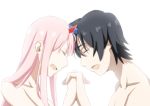  1boy 1girl bangs bare_shoulders black_hair blue_horns closed_eyes collarbone commentary_request couple darling_in_the_franxx face-to-face facing_another fang forehead-to-forehead hand_holding hetero hiro_(darling_in_the_franxx) horns interlocked_fingers long_hair looking_at_another oni_horns open_mouth pink_hair red_horns shirtless short_hair thirukin zero_two_(darling_in_the_franxx) 