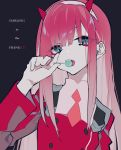  1girl black_background blue_eyes candy copyright_name darling_in_the_franxx eyes_visible_through_hair eyeshadow fangs fingernails food hairband hand_up highres horns jacket lollipop long_hair long_sleeves looking_at_viewer makeup mochizuki_kei necktie open_mouth pink_hair red_jacket solo zero_two_(darling_in_the_franxx) 